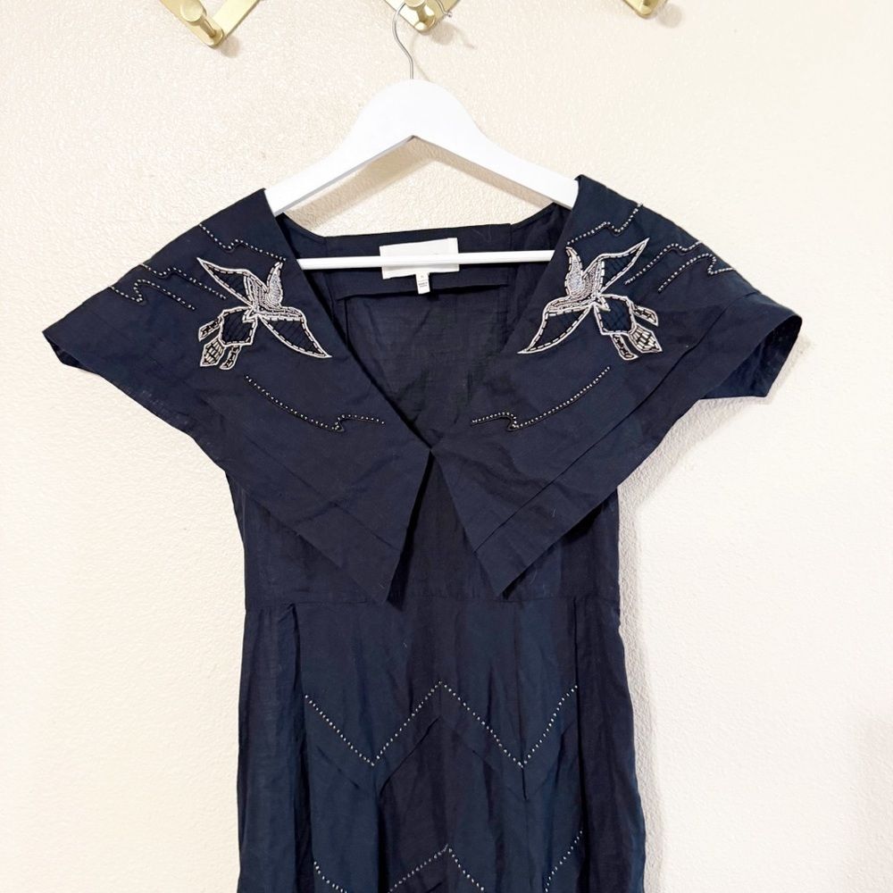 THE GREAT Beaded Partridge Black/Navy Blue Embellished Bird Midi Dress Size XS - Picture 9 of 14